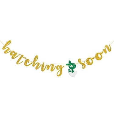 Imagem de Halodete Faixa Hatching Soon Banner, faixa de dinossauro de feliz aniversário, chá de bebê, decorações de guirlanda de festa de dinossauro de 1º aniversário de bebê - glitter dourado