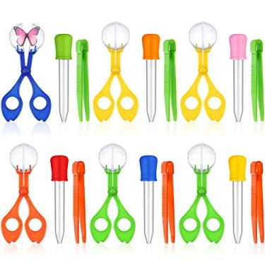 Imagem de 18 peças de brinquedos de habilidade motora fina incluem 6 pegadores práticos, 6 pinças jumbo 6 conta-gotas de borracha apanhador de insetos ferramenta de aprendizagem sensorial de ciência, quintal e atividades ao ar livre