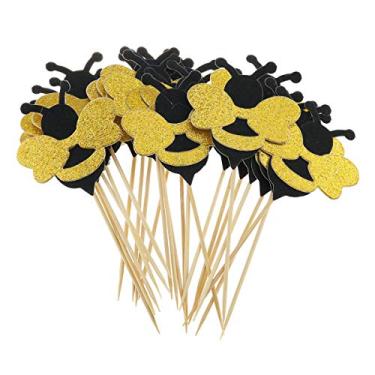 Imagem de E-outstanding Topo de cupcake de abelha 30 peças Glitter Glitter Glitter Bumble Bee Cupcake Toppers para festa de aniversário chá de bebê bolo de casamento suprimentos de decoração de alimentos
