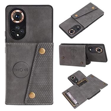 Imagem de HONGYAN Capa de telefone Para honra 50 fivela dupla PU + TPU Case magnética à prova de choque com slots de cartão e suporte Capa protetora