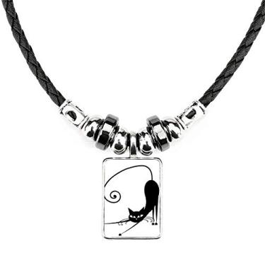 Imagem de DIYthinker Colar elástico preto gato Halloween desenho animal colar joia torque corda de couro pingente