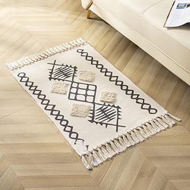 Imagem de jia cool Tapete de área de algodão boêmio, feito à mão, tapete de borlas para área interna, banheiro, quarto, sala de estar, tapete para lavanderia 60 x 90 cm
