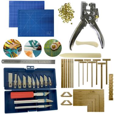 Imagem de Kit Base de Corte 60x45 Cartonagem Gabaritos Alicate Fura Prega Ilhos Jogo de Estilete Régua 60cm Dobradeira Vincador
