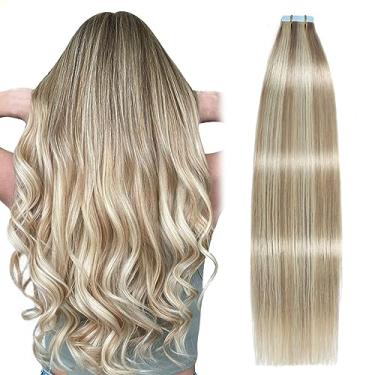 Imagem de SUYYA Extensões de Cabelo com Fita Adesiva para Cabelo Humano Loiro Cinza Realçado 45,72 cm 50g/Pacote 20 Unidades Fita de Trama de Pele Lisa Sem Costura em Extensões de Cabelo Humano Real