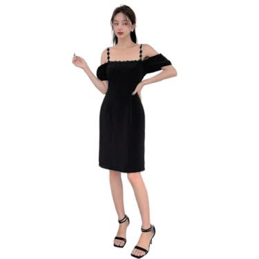 Imagem de Camisa Feminina Solid Cold Shoulder Puff Sleeve Dress (Color : Black, Size : CH)