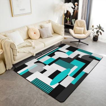 Imagem de Feelyou Tapete de área geométrica 3x5 crianças azul-petróleo branco preto tapete decorativo para meninos meninas geometria retangular tapetes de sala de estar arte abstrata moderna tapete de chão