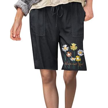 Imagem de Bermuda feminina plus size comprimento até o joelho shorts de treino de algodão casual verão cintura alta Y2K, Preto, P