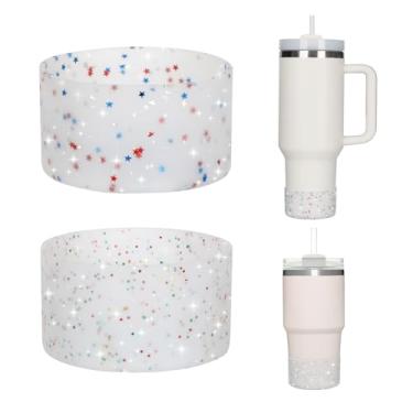 Imagem de GENLEAS 2 peças de bota de silicone com glitter para copo Stanley de 567 a 1,13 ml e Hydro Flask 340 a 680 g e mais garrafas, acessórios de copo com tampa inferior antiderrapante de 7 a 7,5 cm.