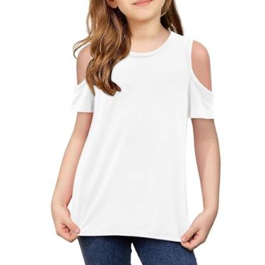 Imagem de Yoklass Camiseta feminina de manga curta com gola redonda e ombro vazado 5-14 anos, Branco, 13-14 Anos