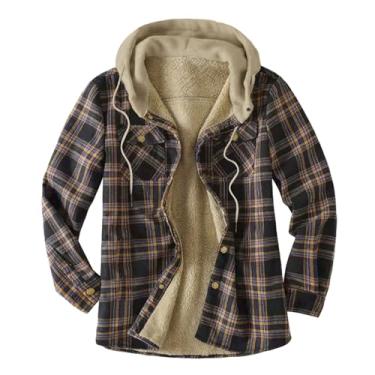 Imagem de Jaqueta masculina xadrez com capuz e botão de lã, manga comprida, quente, casual, jaqueta de inverno, Café, XXG