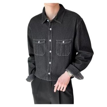 Imagem de Camisa jeans masculina, manga comprida, cor lisa, botões frontais, gola aberta, bainha reta, Preto, G