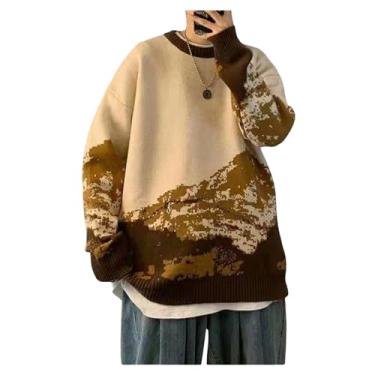 Imagem de Suéter masculino estampado fino camada base borda canelada pulôver camada base gola redonda tricotado, Café, G