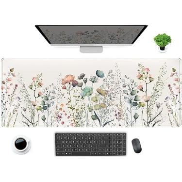 Imagem de Cute Wild Flower Desk Mat, Boho Aesthetic XL Large Extended Gaming Mouse Pad Desk Pad with Stitched Edges 31.5x11.8 in, Computer Laptop Mousepad Keyboard and Mouse Mat for Women Office Desk Decor