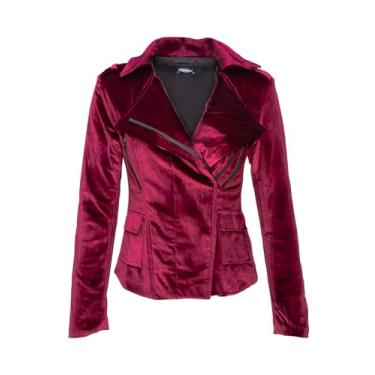 Imagem de Pretty Attitude Jaqueta feminina de veludo bordô, casaco gótico, blazer de veludo, Vermelho, M