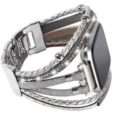 Imagem de Bandas de couro Posh compatíveis com Fitbit Versa/Fitbit Versa Lite/Fitbit Versa 2 Bandas para mulheres, pulseiras feitas à mão em várias camadas Pulseira para pulseira Fitbit Versa Smart Watch (Glitter Silver)