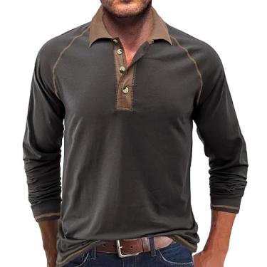 Imagem de Camisetas masculinas Henley manga comprida moletom polo outono moda 4 botões camisetas clássicas algodão golfe casual, Xp cinza escuro, M