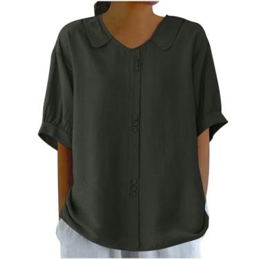 Imagem de PKDong Blusas de linho femininas gola Peter Pan blusa com abertura nas costas túnica casual ajuste solto camiseta básica moderna, Cinza escuro, GG