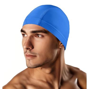 Imagem de Kinwor Touca de natação para homens mulheres adultos, touca de natação de tecido de alta elasticidade, touca de natação de lycra não impermeável azul lago