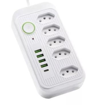 Imagem de Filtro De Linha Clamper Extensão Cabo Extensor 3 Metros Com 5 Tomadas + 4 USB E 1 USB- Tipo C Tensão Bivolt 110/220 Com Potência de 2500W 10A, Régua Energia Elétrica Cor Branco