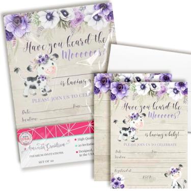 Imagem de Convites de chá de bebê com tema de vaca floral roxo aquarela, 20 cartões de preenchimento de 12,7 cm x 17,7 cm com vinte envelopes brancos da AmandaCreation