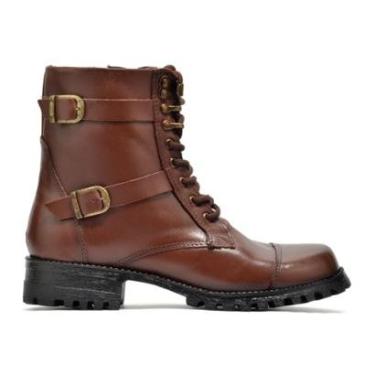 Imagem de Bota Coturno Militar Couro Feminino Cano Médio Solado Tratorabo Baixo Amarração Casual Marrom-Feminino