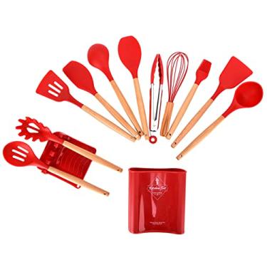 Imagem de Conjunto de Utensílios de Cozinha de Silicone, 13 Peças, Resistente, Antiaderente, Espátula, Cabo de Madeira, Ferramentas de Cozinha, Vermelho