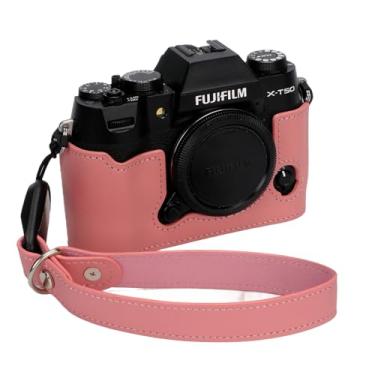 Imagem de Bowan Capa para câmera X-T50, capa de couro genuíno feita à mão para câmera Fujifilm X-T50 versão de abertura inferior + alça de mão (rosa)