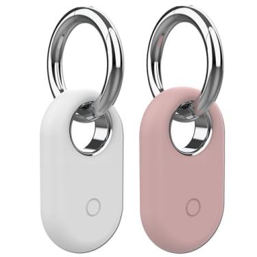 Imagem de Rzttwl Pacote com 2 capas compatíveis com Samsung Galaxy SmartTag 2, rastreador GPS de silicone para Samsung Tag 2 com chaveiro, capa protetora anti-perda Tag2 para chaves (branca, rosa)