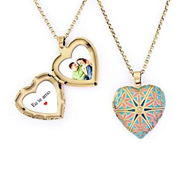 Imagem de Relicário Coração Esmaltado Médio Ouro Velho Azul e Rosa