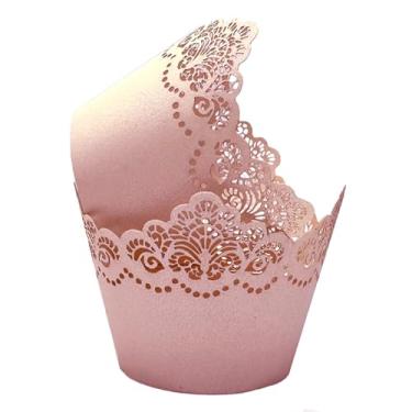 Imagem de 50 peças de envoltório de cupcake vazado coroa assar bolo papel renda corte a laser forro copo de cozimento envoltório muffin para decoração de festa de casamento aniversário (rosa claro)