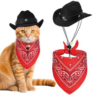 Imagem de GOYOSWA Fantasia de cowboy de gato, fantasia de Halloween para gatos, conjunto de chapéu de cowboy e bandana para gatos, gatinhos, animais de estimação (preto)