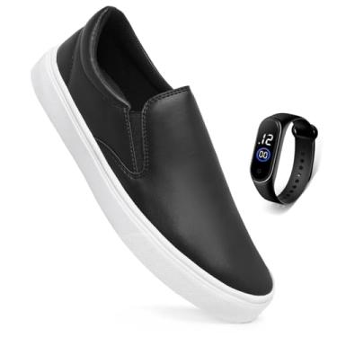 Imagem de Tênis Sapatênis Casual Slip On Iate Calce Fácil Sem Cadarço Leve Confortável + Relógio (Preto+Branco, BR, Adulto, Numérico, 42)