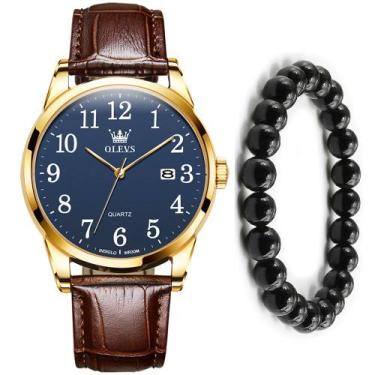 Imagem de Kit Relógio Luxo Analógico Masculino Gold + Pulseira Bolinha - OLEVS