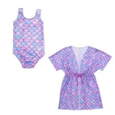 Imagem de Kit Maiô Praia + Saída De Praia Vestido Tule Infantil Menina - Fofotin