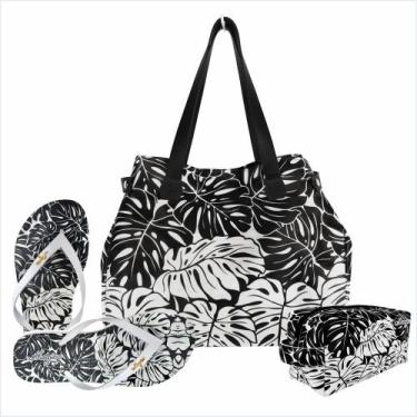 Imagem de Kit Feminino Tropical Branco e Preto com Bolsa, Necessaire e Chinelo, 