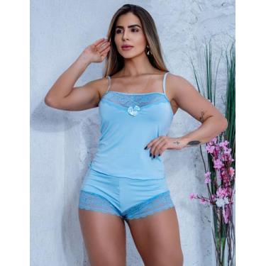 Imagem de Pijama Short Doll de Renda e Microfibra Lingerie - Fitmoda, Azul bebê,