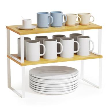 Imagem de SpaceAid Organizadores de prateleira de armário, pacote com 2, prateleiras de bancada de cozinha, suporte de temperos expansível empilhável, organização de armazenamento de armário de despensa (bambu