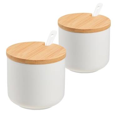 Imagem de VanEnjoy Conjunto de 2 açucareiros brancos com tampa, tigela de açúcar de cerâmica de 293 ml, adega de sal com tampa e colher de sal para temperar, recipiente de açúcar com colher