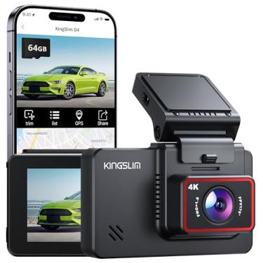 Imagem de Kingslim Câmera veicular 4K com cartão de 64 GB, câmera frontal e traseira para carros, compatível com aplicativo Wi-Fi GPS, tela sensível ao toque de 3 polegadas