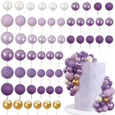 Imagem de 56 peças de topo de bolo colorido em forma de bola bolas de pérola enfeite de bolo de cupcake para festa de aniversário suprimentos de decoração de casamento roxo sete cores