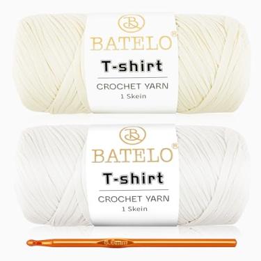 Imagem de BATELO Pacote com 2 fios de crochê para iniciantes em crochê/cesta/porta-copos, fio de camiseta 400 g/160 m de tecido de poliéster grosso de alta elasticidade (branco + amarelo leite)