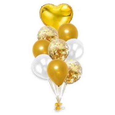 Imagem de Kit 9 PÇ Buque Balões Bexiga/Balão Metalizado Coração Dourado Rose Gol