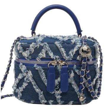 Imagem de BJQ Mini bolsa jeans feminina bolsa balde acolchoada bolsa de ombro jeans bolsa de ombro carteira com alça de corrente, Azul escuro