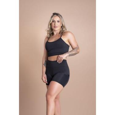 Imagem de Conjunto Fitness Feminino Short Cintura Alta Com Bolso Tela E Top Crop