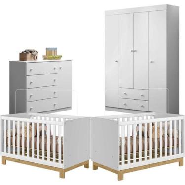 Imagem de Quarto De Bebe Gêmeos Guarda Roupa Comoda Em Mdf - 2 Berços Slim - Pho