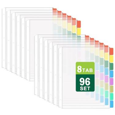 Imagem de HABGP 96 peças/12 conjuntos de protetores de folhas transparentes para fichário de 3 anéis, tamanho carta, 8 divisórias de plástico com bolsos e abas, protetores de página para fichário de 3 anéis, 21
