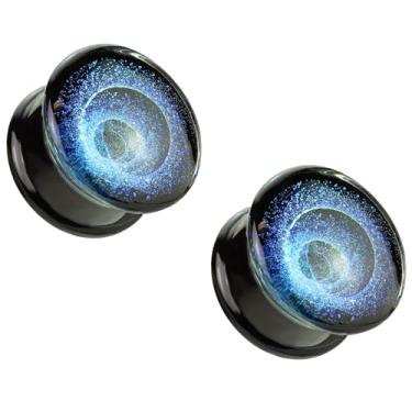 Imagem de Pierced Owl Blue Vortex Galaxy Pyrex Glass Plugues alargados duplos, vendidos como um par, Vidro, Sem Pedra Preciosa