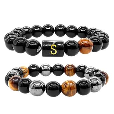 Imagem de Pulseira masculina de proteção tripla, pulseira elástica com contas obsidiana preta com letra inicial para homens e mulheres, olho de tigre natural de 10 mm com contas de hematita obsidiana preta