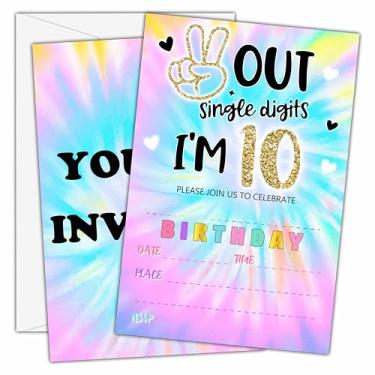 Imagem de Convites de aniversário de 10 anos tie dye com envelopes (25 unidades) - Peace out Cartões de convite de festa de preenchimento de dígitos únicos para meninas e crianças - B11