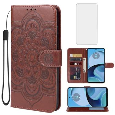 Imagem de Bohefo Capa para Moto G14, Motorola G14 XT2341-2 Capa carteira com protetor de tela de vidro temperado, capa flip de couro mandala com suporte para cartão de crédito para Motorola Moto G14 marrom
